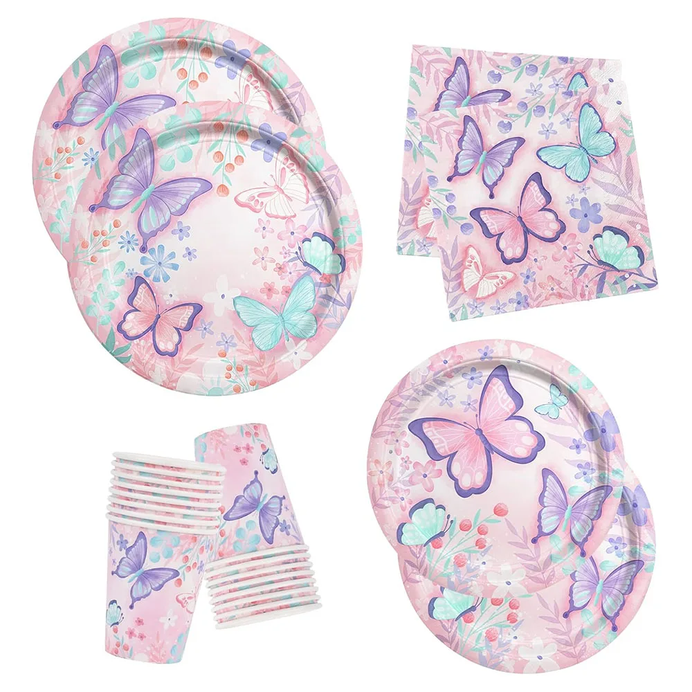 

Butterfly Birthday Party Supplies Disposable Paper Plates Napkin Cups Tablecloth Banner Butterfly Girl Party Birthday Decoration