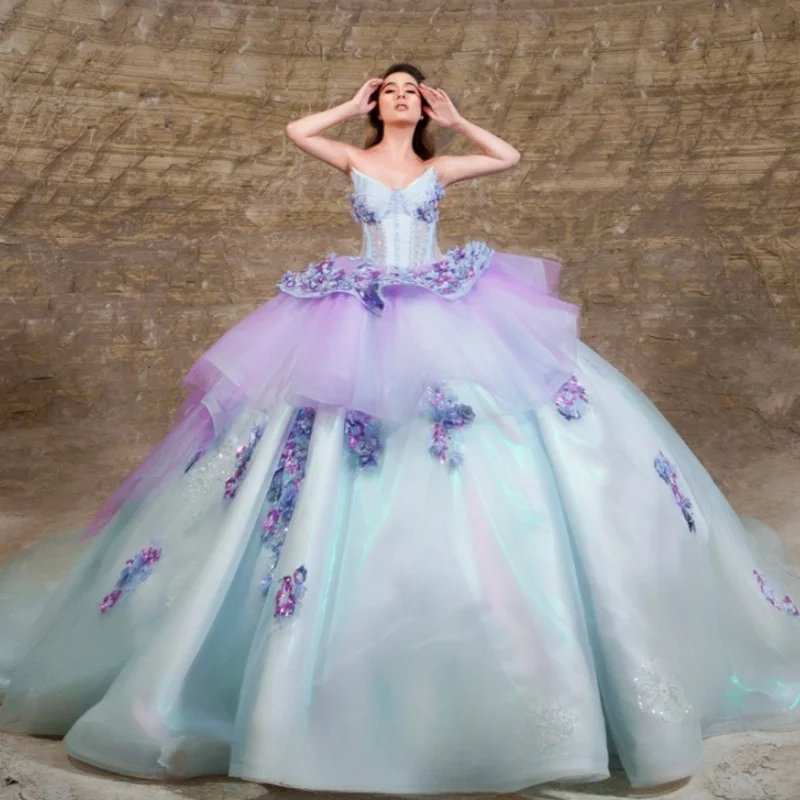 

Sky Blue Shiny Princess Quinceanera Dresses Off Shoulder Beads Applique Flower Tull Sweet 16 Dress Ball Gown Vestidos 15 Anos