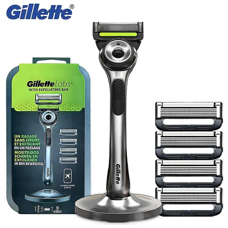 

Бритва Gillette Labs. Комбинированный набор для мужского бритья. 1 ручка для бритвы, 5 сменных лезвий, в комплекте премиальная магнитная подставка. Бритва Gillette.