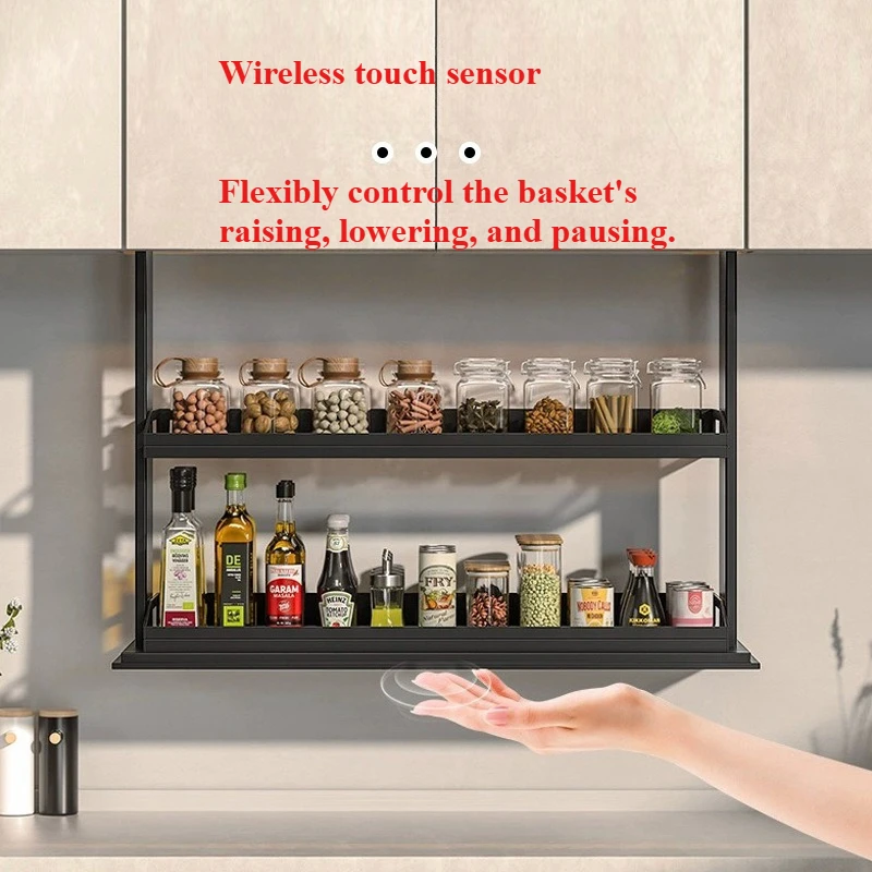 Kitchen hanging cabinet vertical electric lift basket intelligent voice touch cabinet automatic pull-down seasoning basket