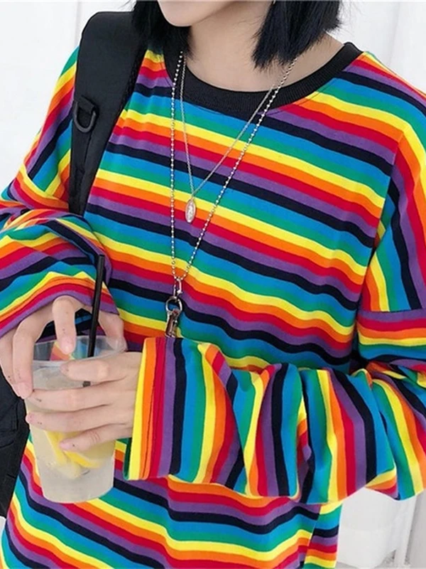 

Casual Rainbow Stripe Knit Sweater Women's Versatile Street Sle Slim Fit Long Sve round Ne Moisture ng Spring Aut...