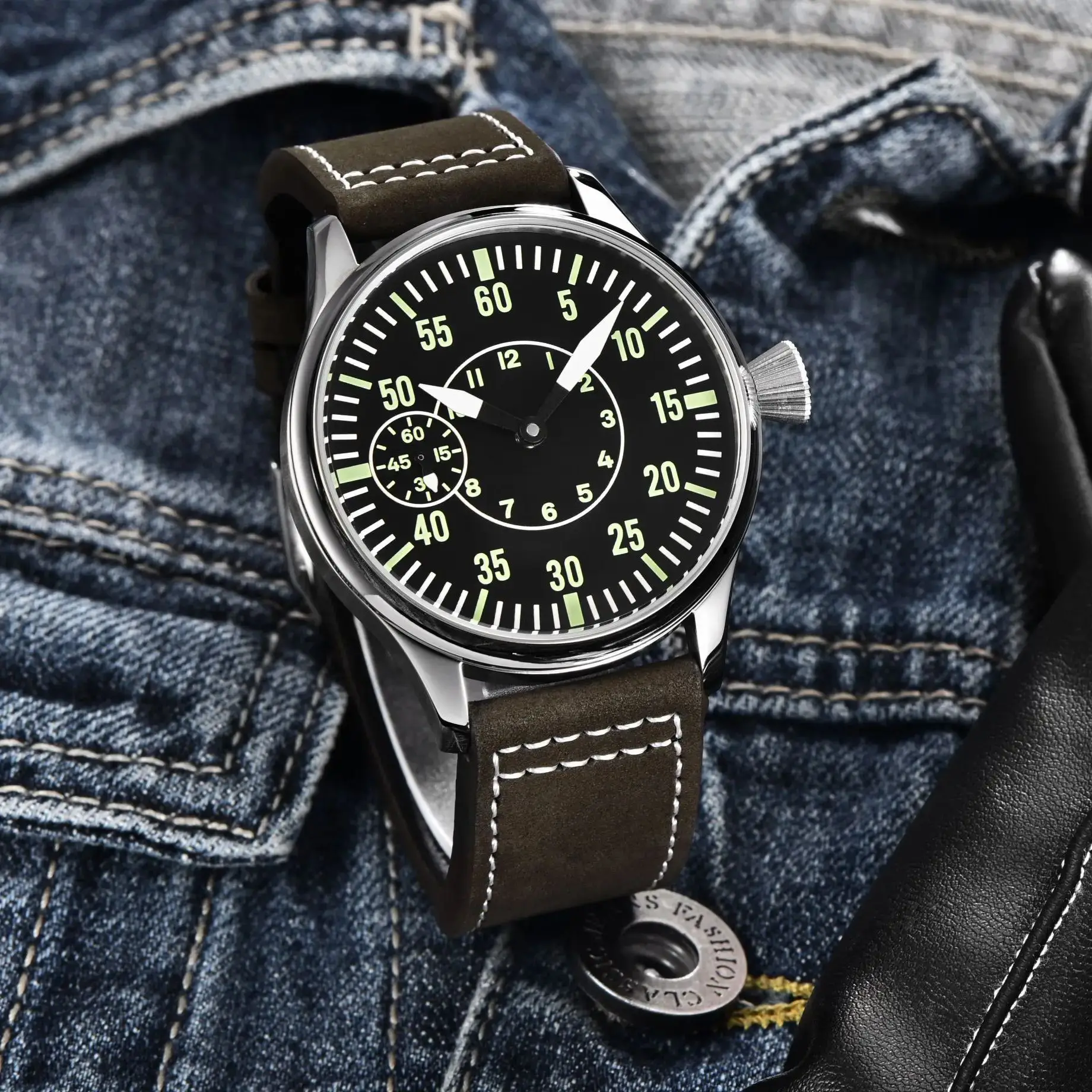 Reloj Mecánico CORGEUT ST3600 de 44mm para hombre, relojes de cristal de zafiro con cuerda manual, correa de cuero, reloj con esfera luminosa resistente al agua