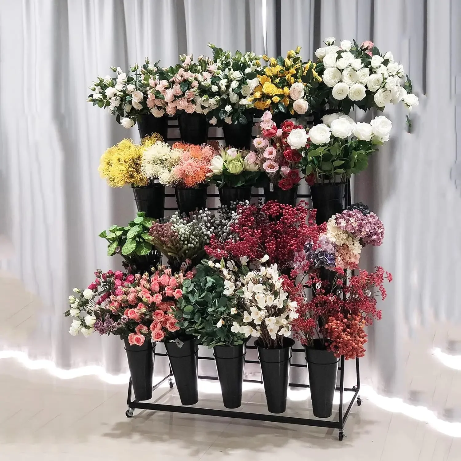 

Great Discounts.Flower Display Stand, 3 Layers, Black, Metal, Iron, 150 lbs Capacity, 3 Tier, Wheels, Assembly Required.new