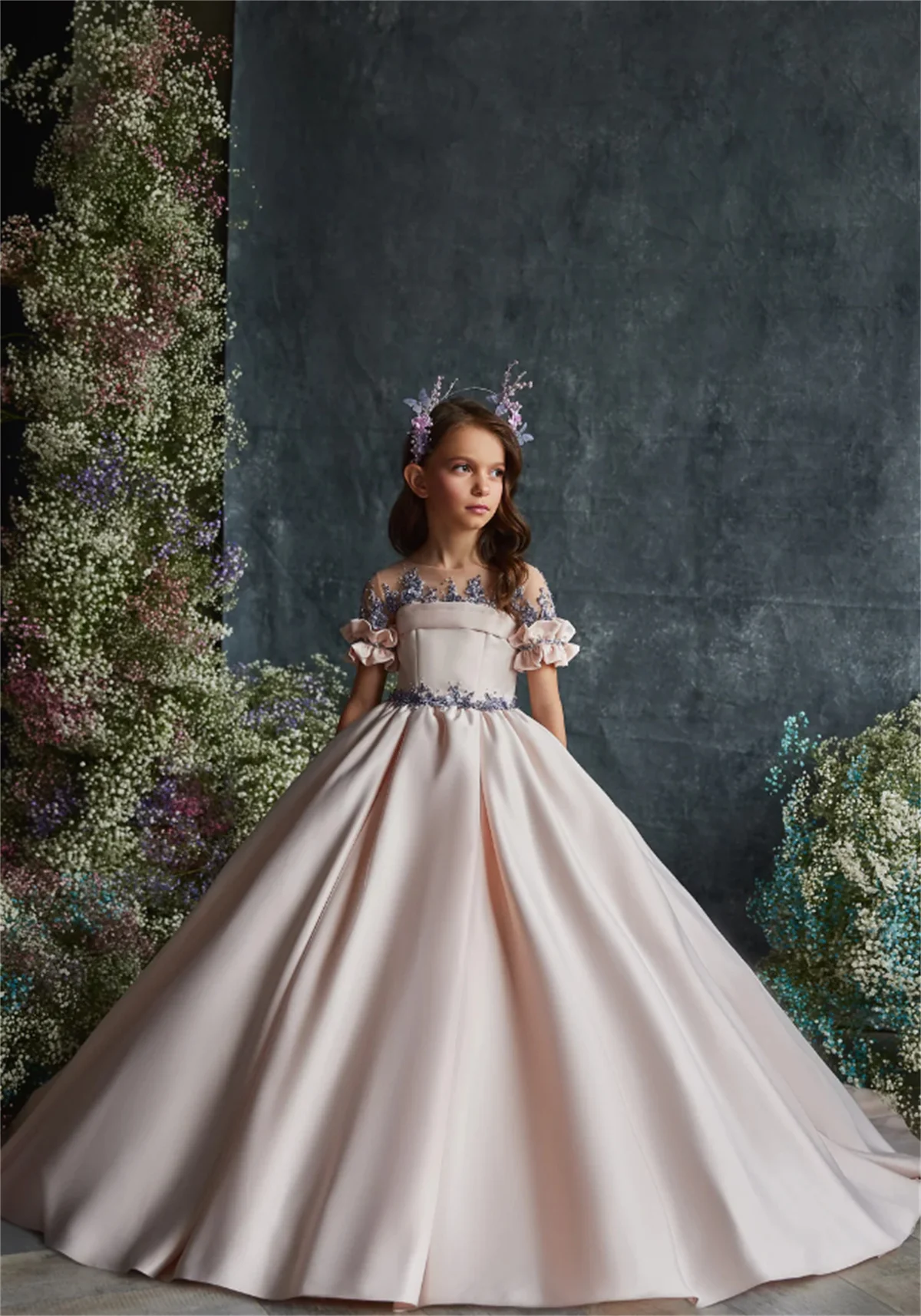 

Wedding Flower Girl Dress Puff Short Sleeve Prom Dress Chiffon Tulle Appliqué Beading First Communion Dress Little Girl Custom