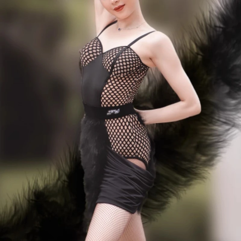 

Latin Dance Costume Mesh Suspender One-piece Cutout Feather Skirt National Standard Practice Suit ALW180