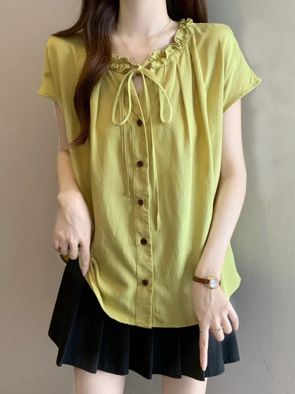 

Yellow Green Color Wooden Collar Women's Shirt Shoulder Length Korean Style Summer New Loose Fit Short Sleeve Top