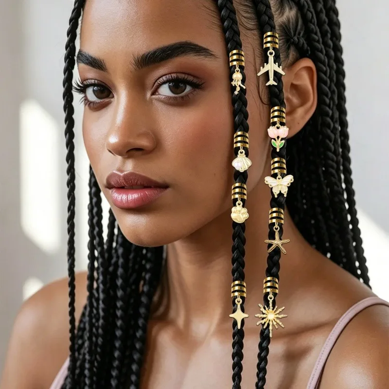 Stars Shell Pearl Shaped Alloy Hair Braid Ring Vintage HairPin For Dreadlock Women Girl summer Hair Accessories Loc Hair Jewelry