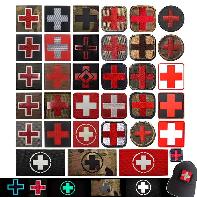 Medical Emergency Cross Morale Emblem Outdoor Rescue Reflective Patches,First Aid Military Armband Tactical Badge Applique