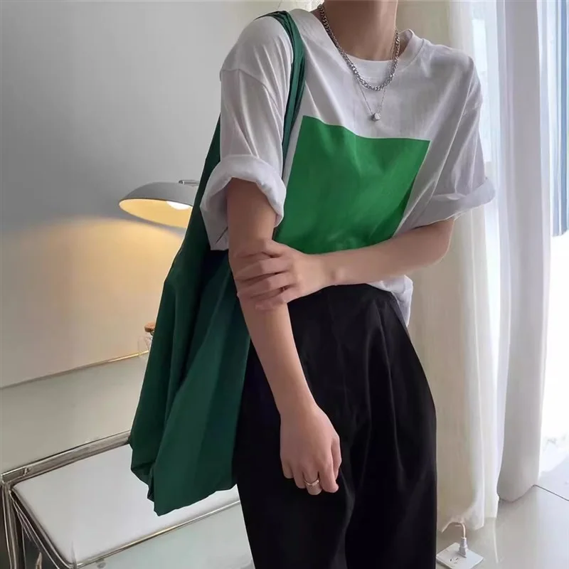 

Summer Cotton Tirt Women Oversized Faionable Student College Sle ort Sve Crew Ne Letter Print Casual Top