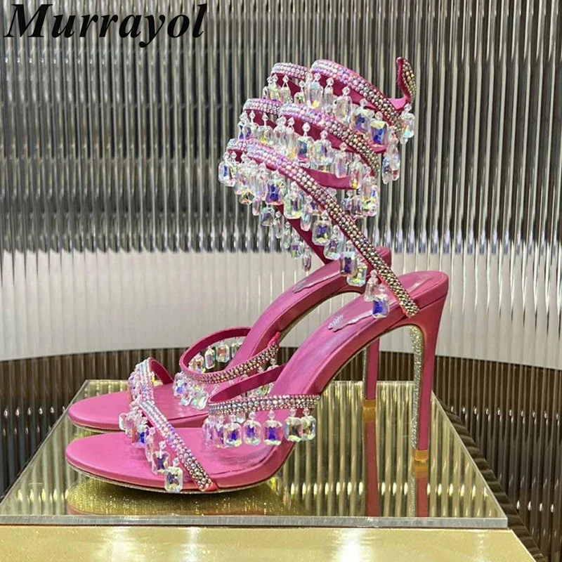 SandaliasTassels Rhinestone Decor Thin High Heels Women Ankle Snake Shaped Strap Entanglement Sandals Summer Party Dress Shoes