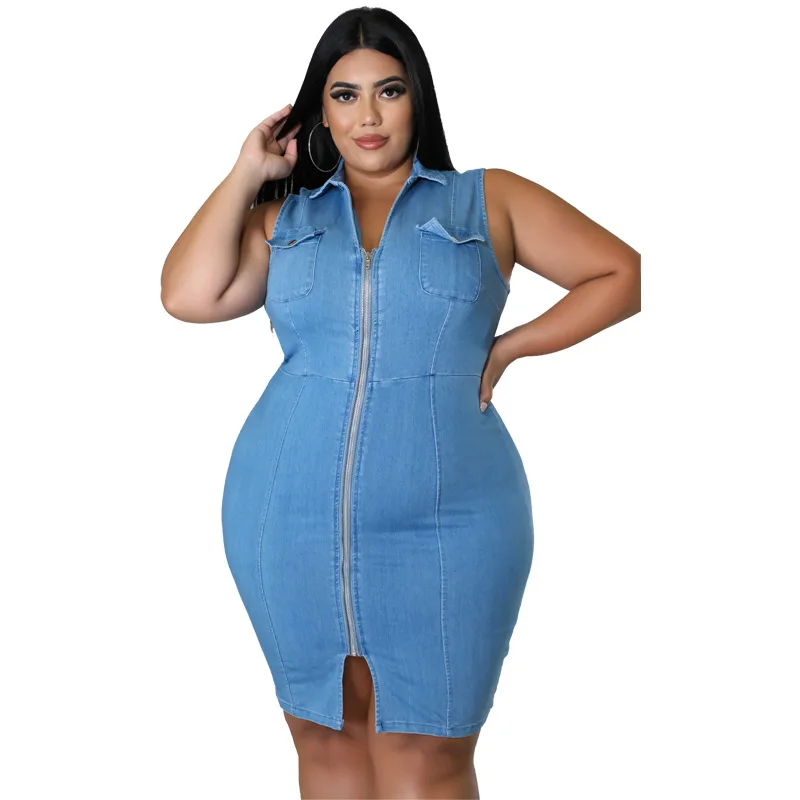 Robe en denim à fermeture éclair pour femmes, vêtements d'été, grande taille, précieux, robes élégantes, mode, revers, vente en gros, livraison directe, 2022