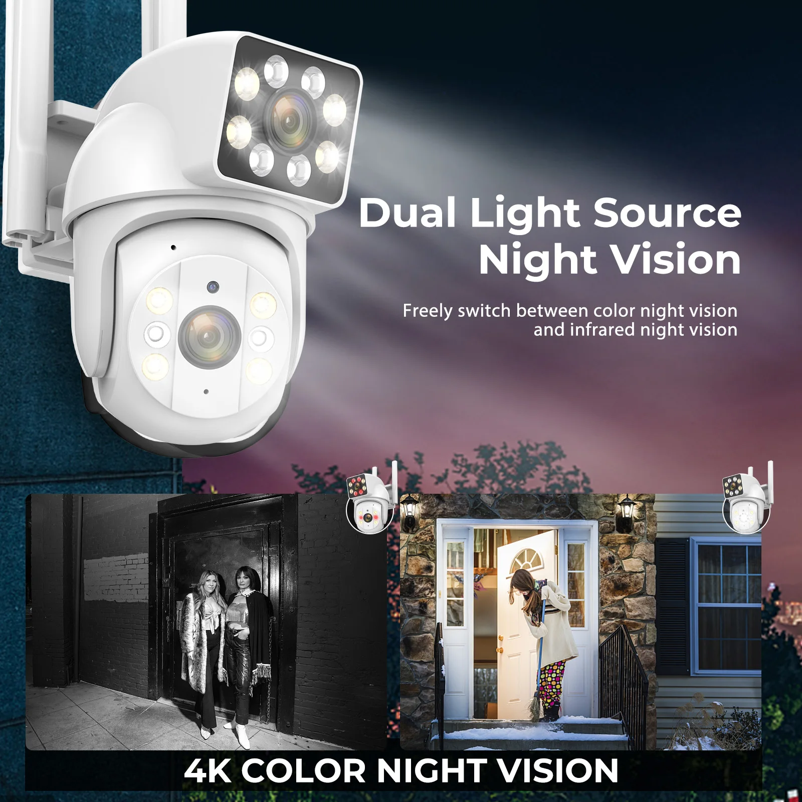 4K 8MP WiFi IP Camera Dual Lens PTZ Color Night Vision Wireless Surveillance Cameras Detect Tracking Outdoor Waterproof 8X Zoom