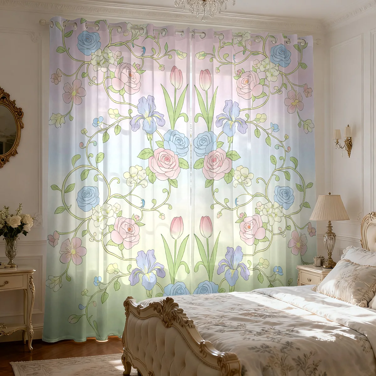 2pcs Spring Floral Print 90g Perforated Print Curtain Multiple Sizes Living Room Bedroom Insulation Light Blocking Decoration
