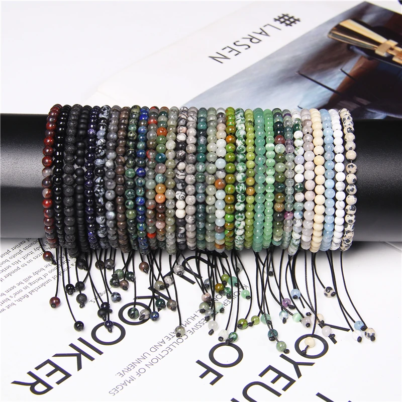 4mm Natural Stone Beads Bracelet Adjustable Rope String Braided Bracelets For Women Men Handmade Colorful Quartzs Wristbands