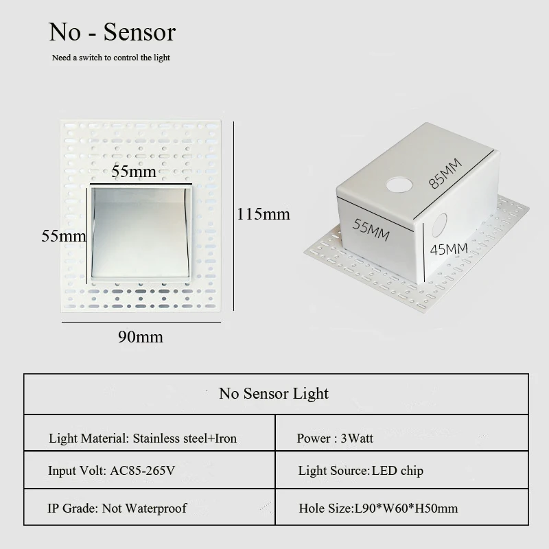 Ingebouwde frameloze LED-stap- en trapwandlampen 3W bewegingssensor binnen slaapkamer ladder foyer hoek intelligent nachtlampje 100-240V