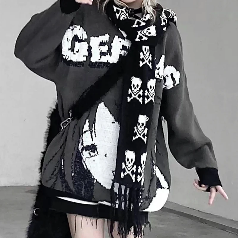 Punk Dark Style Y2k Girls Subculture Harajuku Thick Warm Knit Scarf Skull Wrap for Women Men Goth Black White Vintage Scarves