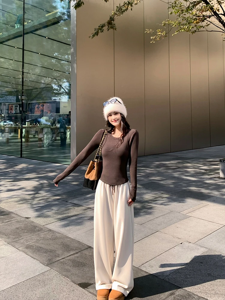 

Linyener High Waist Fce Lined Loose Wide Leg Casual Pants Women Winter Thi Straight Tube Thi Rice Cake Pants