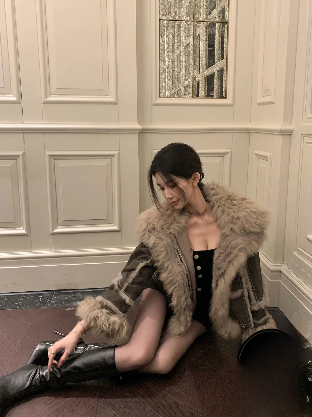 

Пальто из замши с воротником из овечьей кожи и кроличьего меха Kubiliv, корейский стиль, длинный рукав, стандартная длина, верхняя одежда