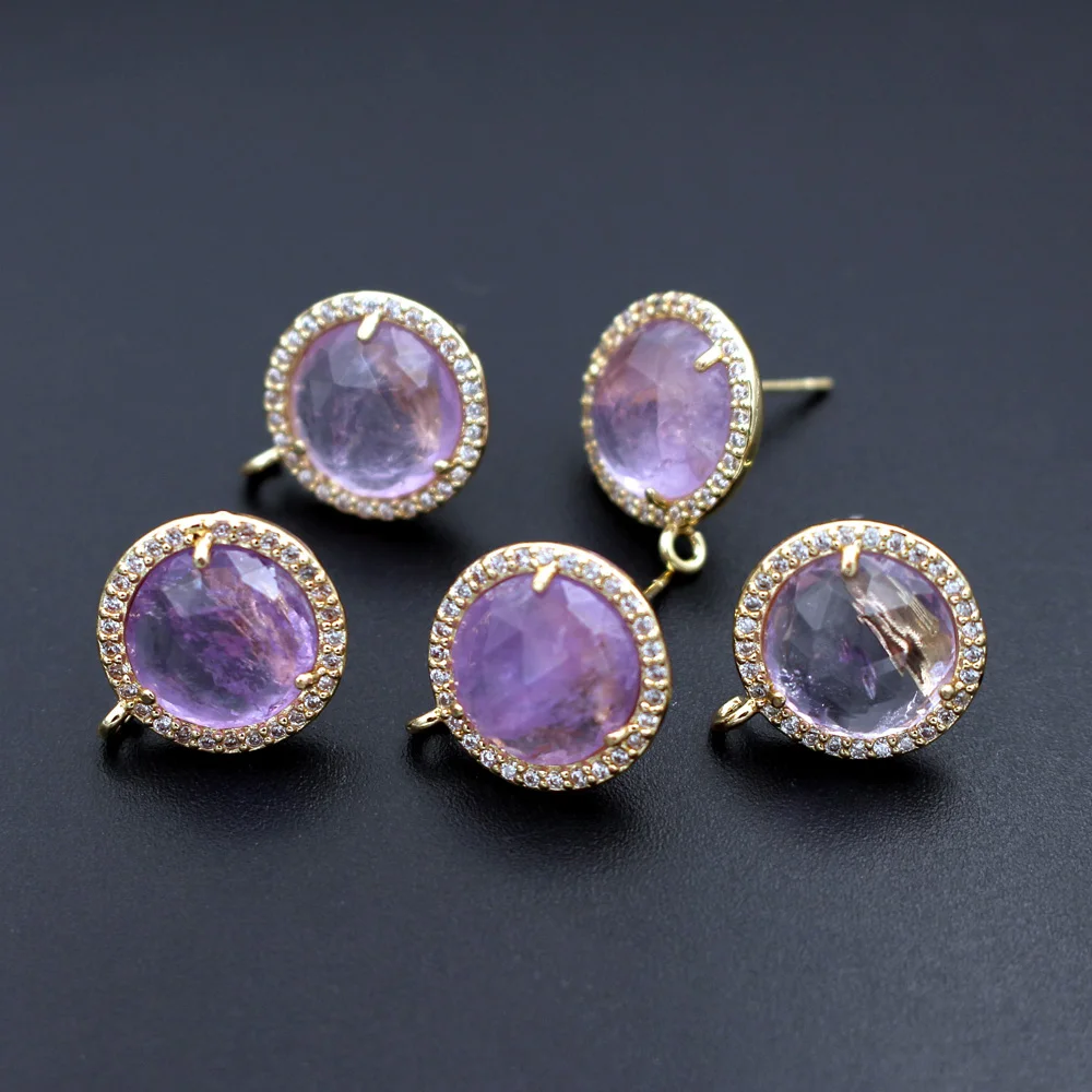 6pairs Color Stone Ear Posts Gold Plated CZ Studs Circle Rose Quartz Amethyst Aquamarine Stone Earring with Loop Connectors