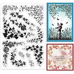 Vine Corner Silhouette Clear Stamps Plant Flower Silhouette Corner Silicone Clear Stamp Seals Transparent Stamps