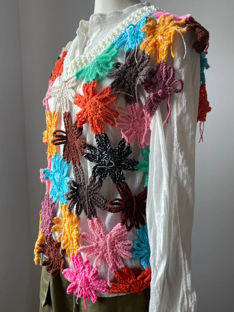 Handmade Crochet Floral v-neck Vest 2024 Women Niche Design Chic Hollow-out Colorful Sweater Outfit Women Clothes