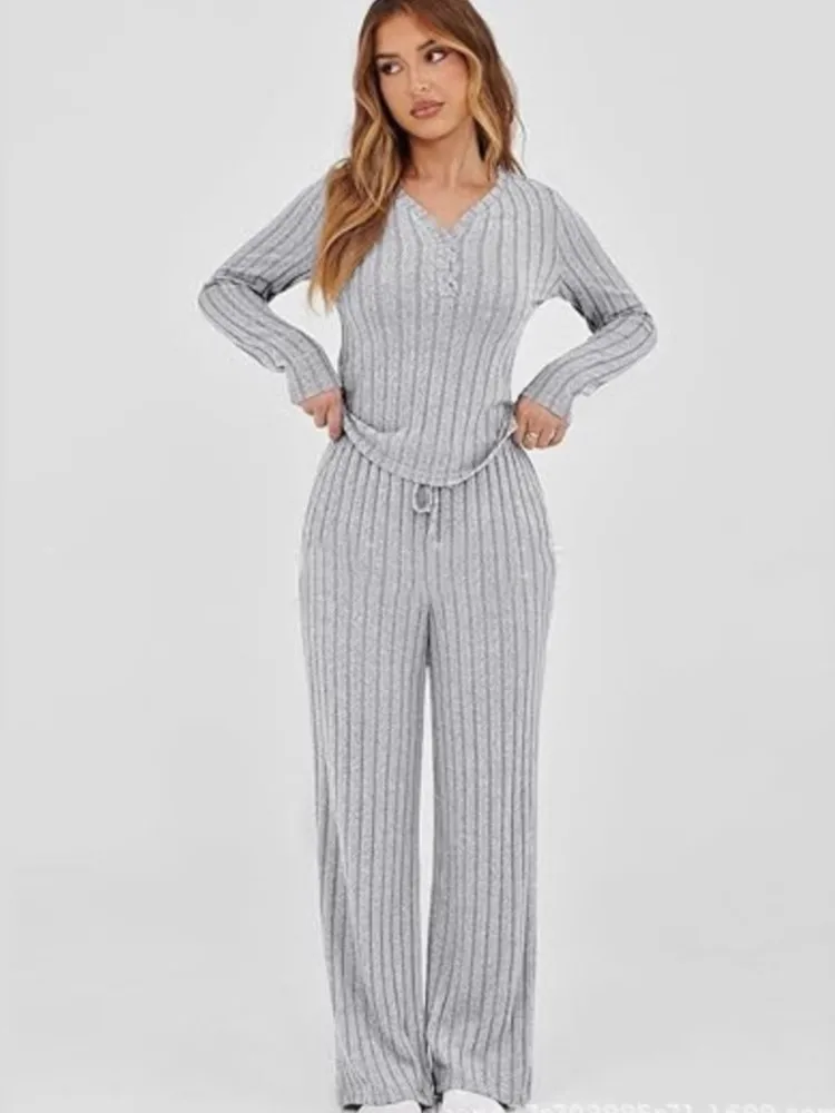 

V Neck Long Top And Pants Two-piece Set Women's Outfit Autumn Winter New Solid Knitted Treasures Sets Lady Casual 2-piece Set