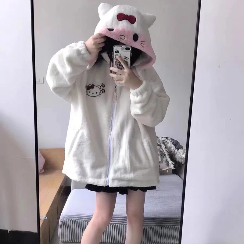 Sherpa Cartoon Sweatshirt Hellokitty Kuromi Cinnamoroll Christmas Jacket Sanrioed Winter Warm Kawaii Bestie Couple Outfit