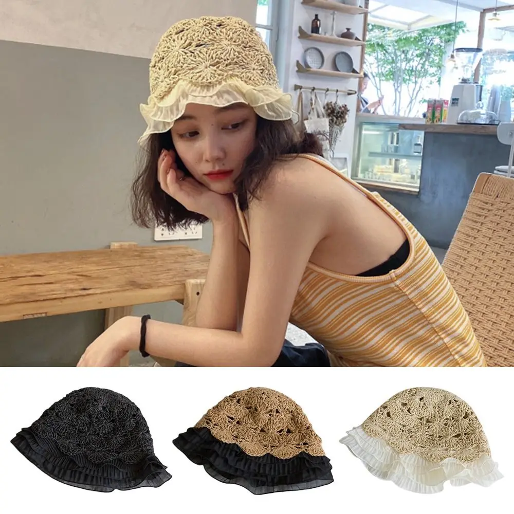 

Breathable Hollowed Out Knitted Hat Flowers Casual Beret Cap Summer Fashion Bucket Cap for Women