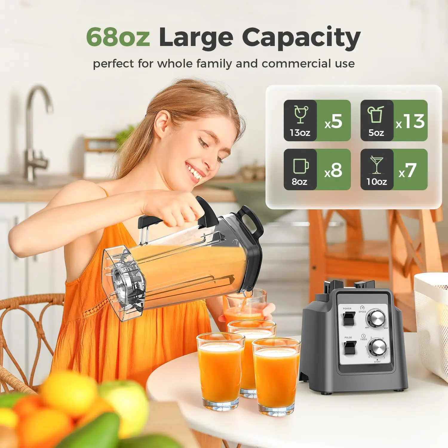 Blenders for Kitchen, Smoothie Blender - 1800W Professional Countertop Blender with 68oz Dishwasher-Safe Pitcher, Ice Crusher fo