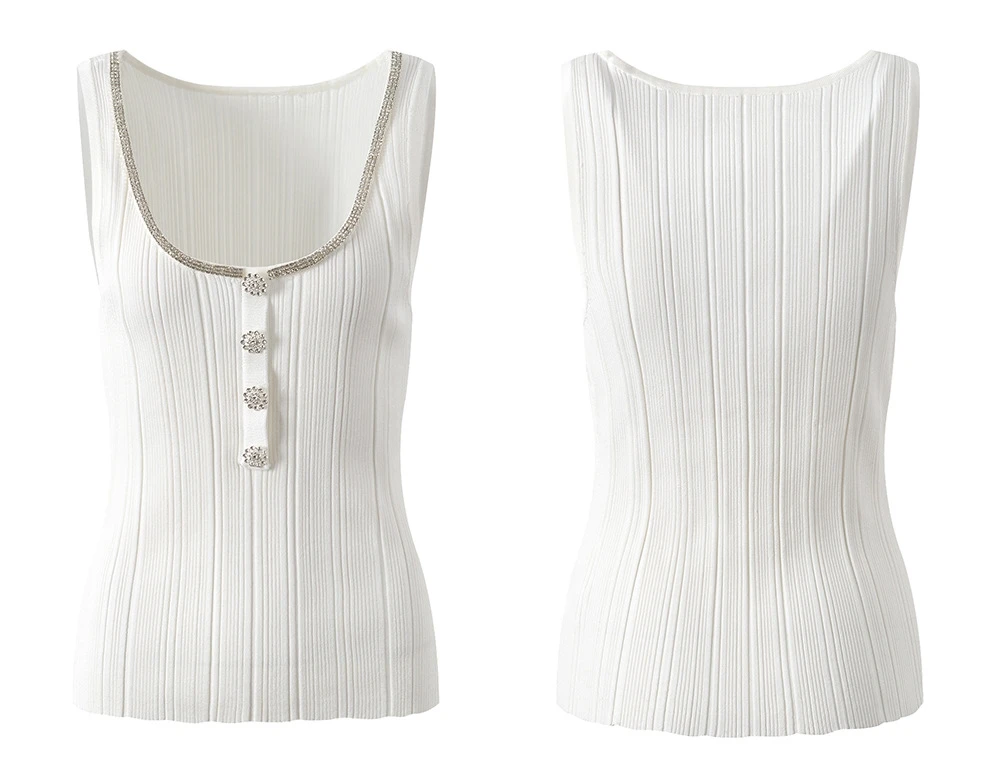 Chaleco de seda helada de alta gama para verano, corte ajustado, con cuello decorado con diamantes, prenda exterior versátil para el día a día, pieza única.