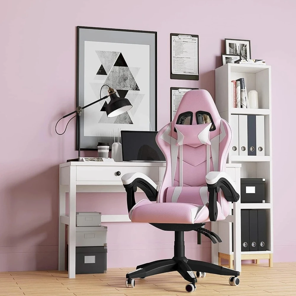 

Ergonomic Gaming Chair Gamer Chairs with Lumbar Cushion + Headrest, Height-Adjustable Computer Office Chair for Girls, Boys
