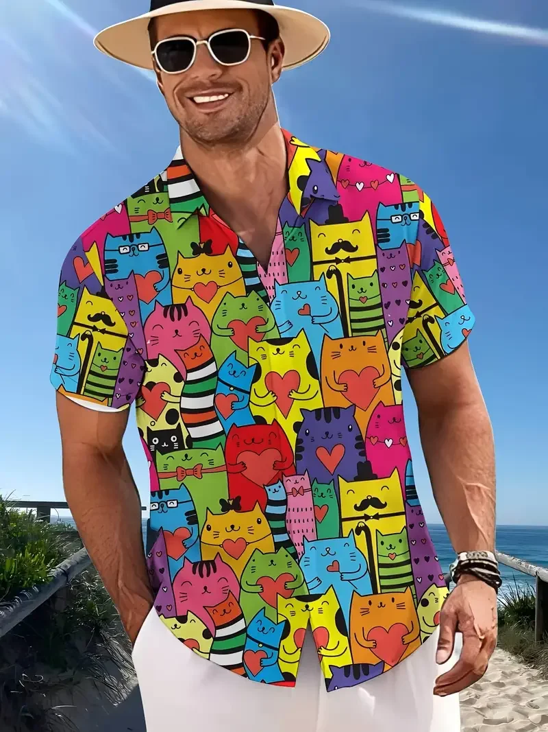 Camisas Unisex a la moda para hombre, ropa informal con estampado de gato bonito para uso diario, camisa de manga corta con estampado 3D, camisas hawaianas para hombre, Top Harajuku 2025