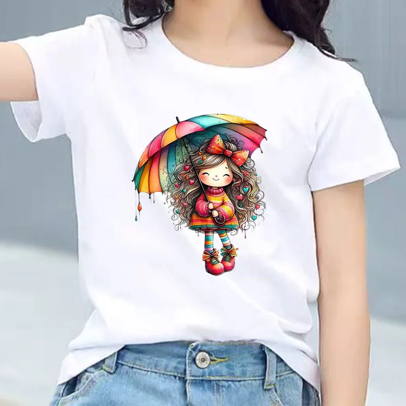 

Sweet Girl With Hair Bow Holding Bright Rainbow Umbrella Graphic Tee Kids 100% Cotton Crew Neck T Shirt Short Sleeve Tops