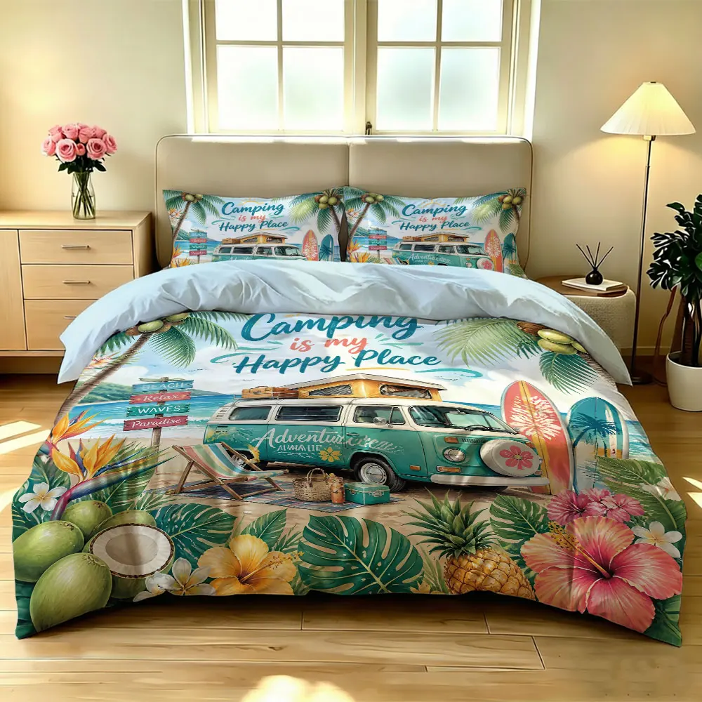 

3pcs Vacation Camping Car Printed Chipless Summer Duvet Set Multi Size Bedroom Dormitory Bedding Decoration Machine Washable