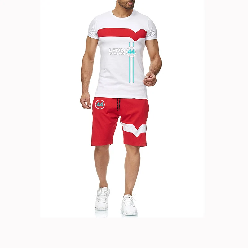 F1 driver Lewis Hamilton digital 44 summer men's casual T-shirt+shorts new four-color splicing short sleeve two-piece suit