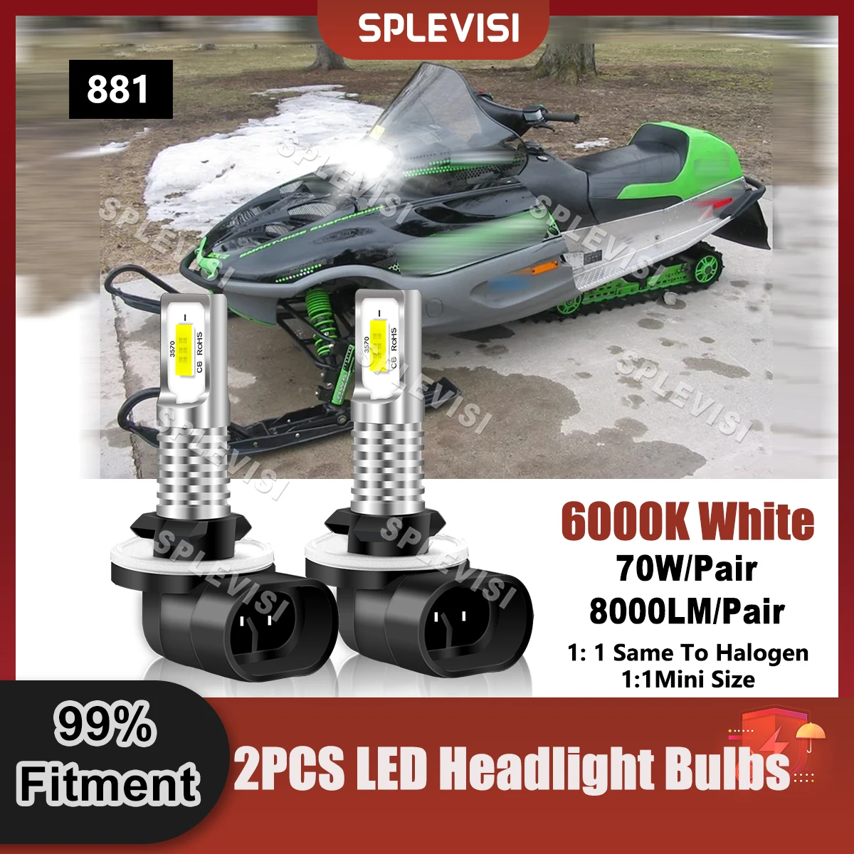 1 Pair Upgrade 881 LED Headlight Pure White For Arctic Cat ZR 500 1998 1999 2000 2001 2002 ZR 600 EFI 1998 1999 2000 2001 2002