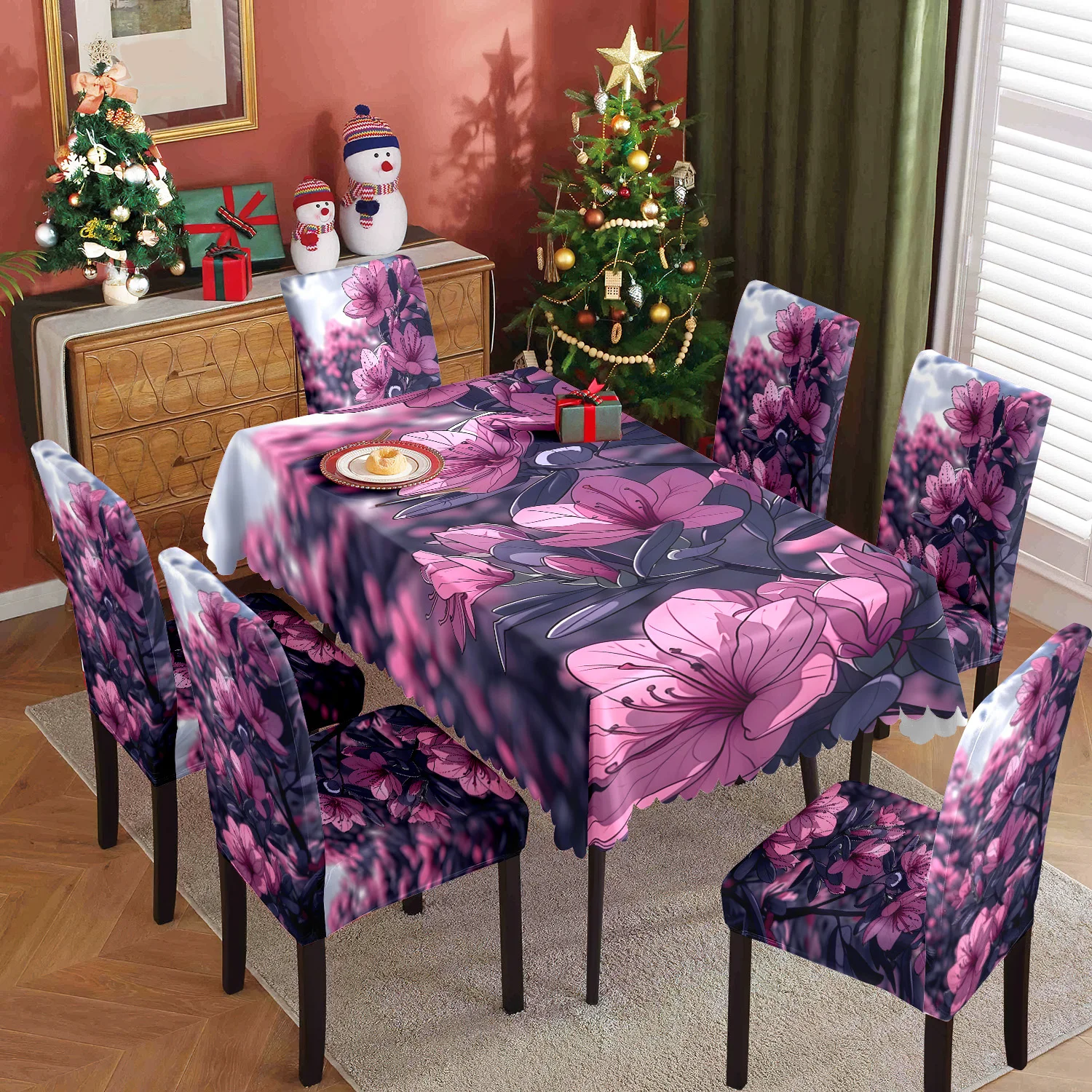 

5/7pcs Household table and chair covers, uniform size for all seasons, with a pinkish-purple rhododendron pattern, washable