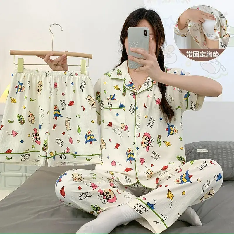 New Anime Crayon Small New 3Pcs Pajamas for Women Summer Cloud Cotton with Chest Cushion Short Sleeved Pants Home Outfit Cartoon
