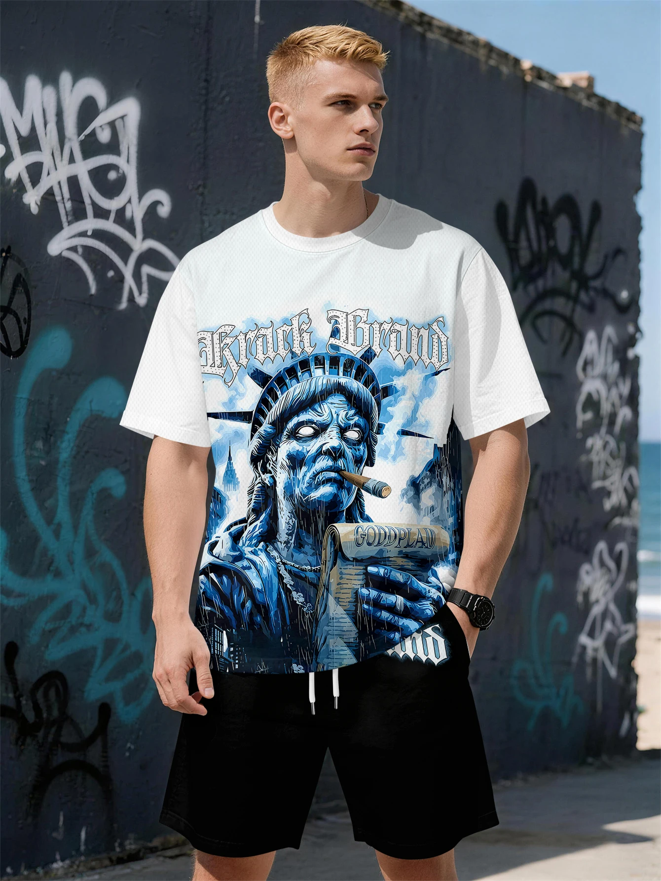 

2026 Summer Men's Suit with 3D Printed Pattern Breathable and Lightweight Casual Roller Skating Hip-Hop Men's Clothing