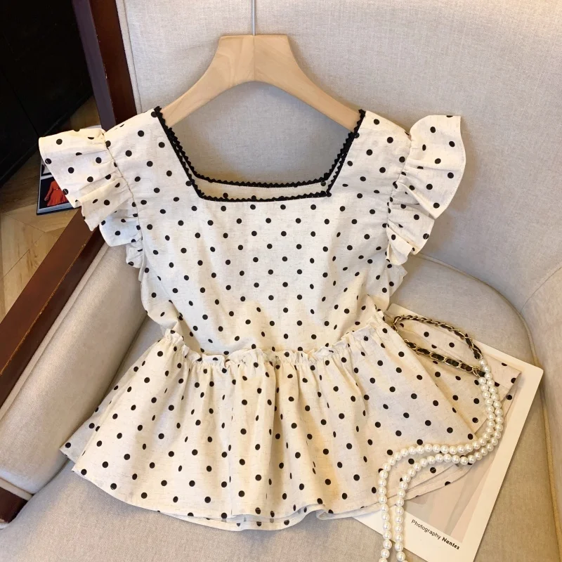 

Polka Dot Square Collar Sleeveless Cotton Linen Casual Top Women's Summer Slimming Shirt City Walk Suitable for 18-24 Years Old