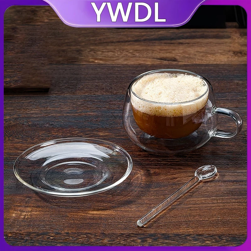 180/250 ml doppelwandige Kaffeetasse aus Glas mit Löffel, klare hitzebeständige Milch-Espressotasse mit Dessert-Untertasse, Glasbecher-Set