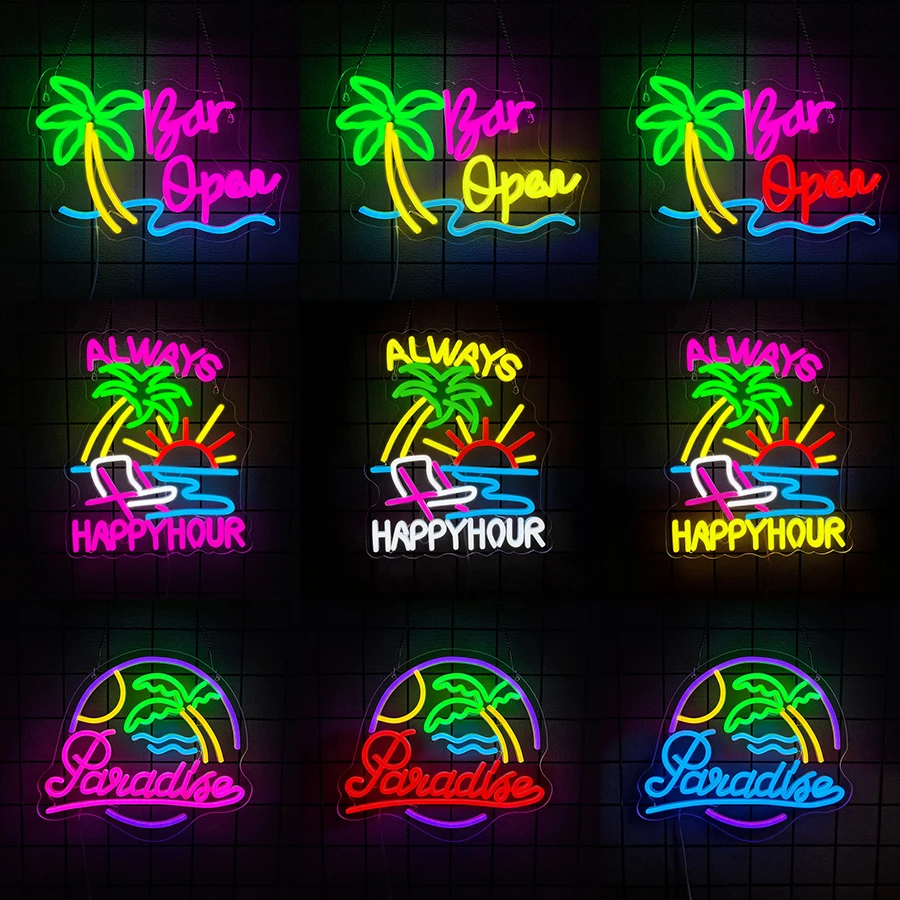 Bar Open Sign for Wall Décor,Beer Bar Neon Business LED Sign,Palm Tree Neon Light for Home Tiki Bar Man Cave Window Parties Gift