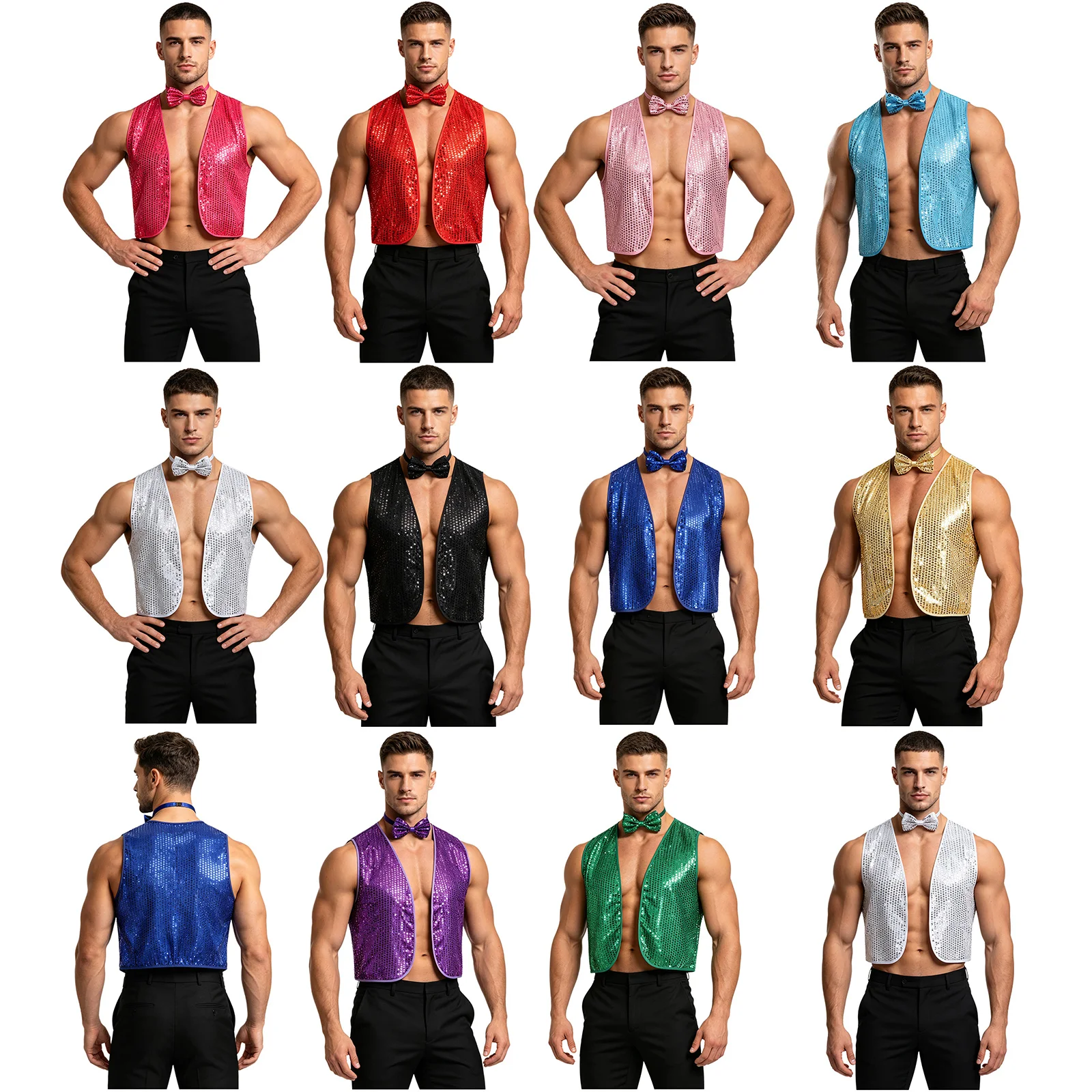 Men Women Shiny Sequin Jazz Dance Choir Vest Waistcoat with Bow-tie Halloween Christmas Party Wedding Evening Host Costume