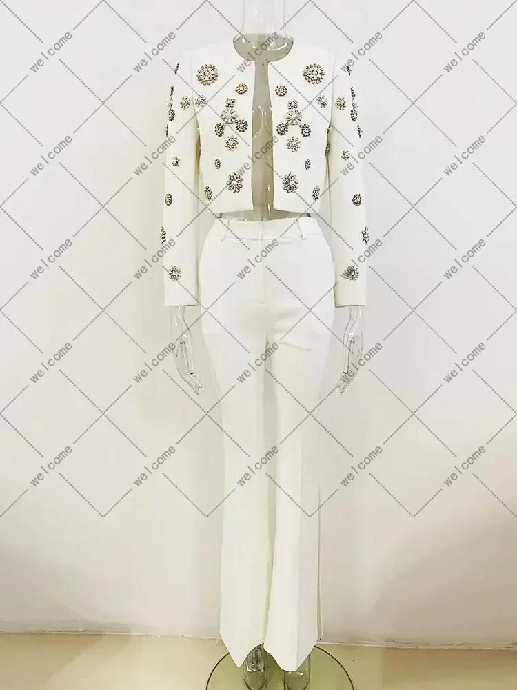 New Design Set Slim Fit Handmade Pants Set Two Piece Sexy Set Women's White  Heavy Industry Diamond Pearl