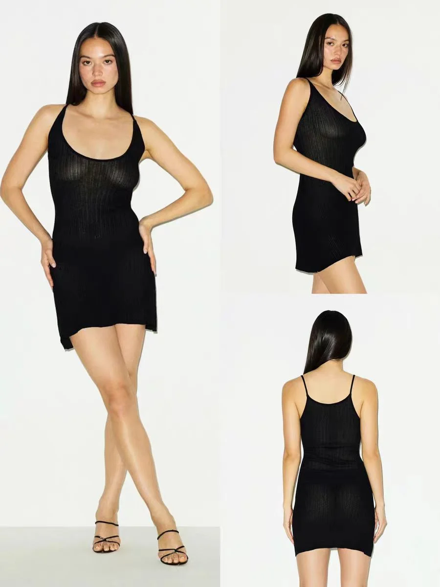 

Прозрачное трикотажное платье с низким вырезом, тонкое хлопковое летнее повседневное платье H-образной формы для женщин, круглый хлопок без насадок