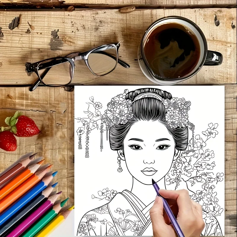 1pc Japanese Lady Coloring Book for Adult Stress Reduction | Colouring Book for Relax and Mood Reduction Christmas Gifting