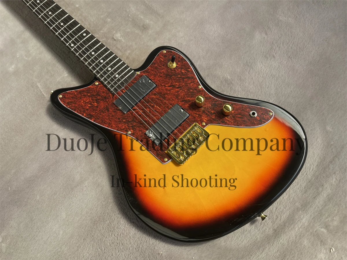 7-string electric Guitar Sunset Jag body Rose wood fingerboard fixed bridge Gold tuner Maple neck red turtle shell guard plate