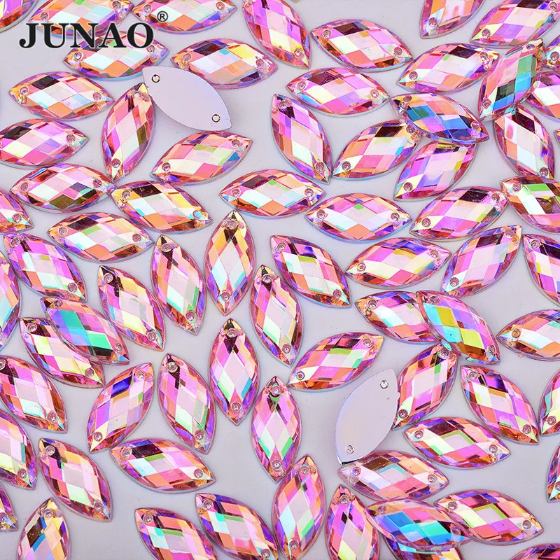 JUNAO 100pc 7*15mm Pink AB Sewing Rhinestones Flat Back Horse Eye Sew On Strass Crystal Loose Acrylic Bead Stone For Needlework