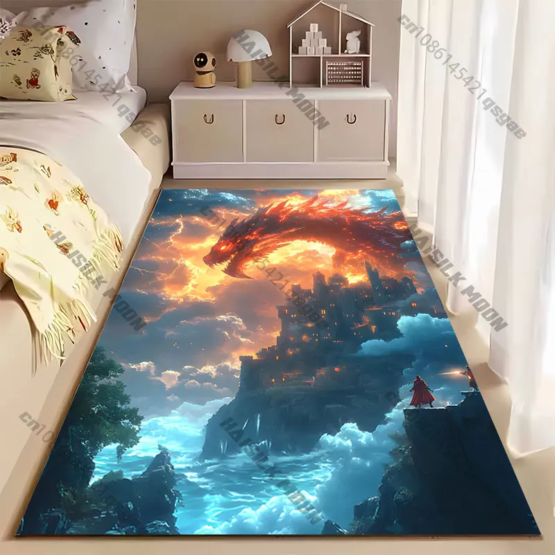 Dragon guarding fiery medieval castle carpet Yoga living room room decor children's crawling mat doormat area rug
