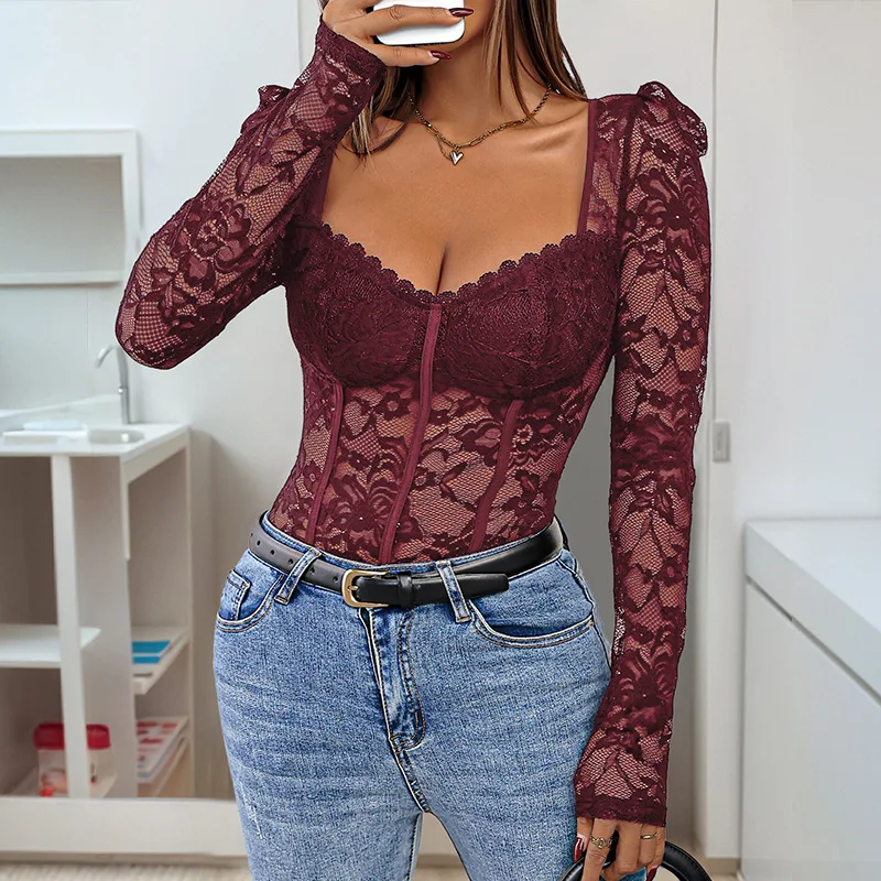 

2025 New European and American Spring and Autumn Cross Border Lace Lace Splicing Square Neck Black Jumpsuit